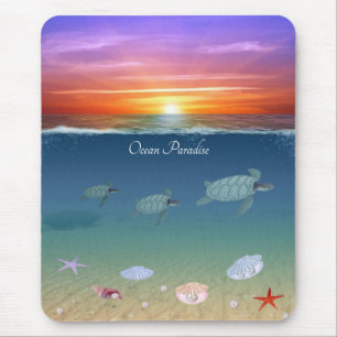 Alfombrilla De Ratón Amanecer en el océano, tortugas marinas nadando y