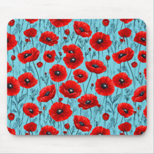 Alfombrilla De Ratón Amapolas rojas sobre un fondo azul