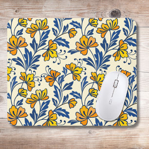 Alfombrilla De Ratón Amarillo Naranja Floral Folclórico Azul Hoja Vinta