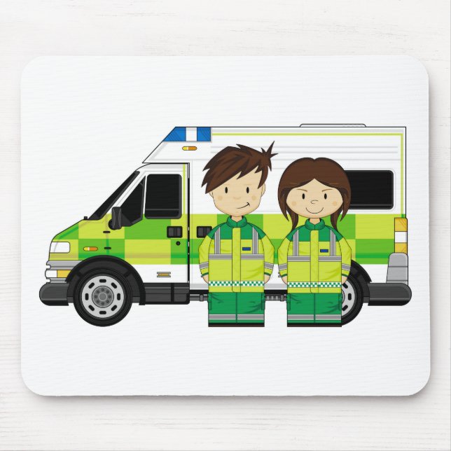 Alfombrilla De Ratón Ambulancia del dibujo animado y EMT (Frente)