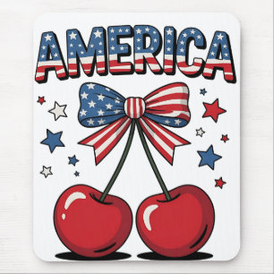 Alfombrilla De Ratón American Coquette Bow Cherry Aesthetic USA Flag