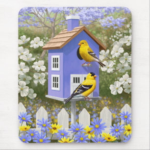 Alfombrilla De Ratón American Goldfinch Bird House Flower Garden