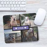 Alfombrilla De Ratón Añadir tu propio Collage de fotos de perro morado<br><div class="desc">Añade tus propias fotos de mascotas. El diseño presenta 4 fotos en una cuadrícula con rectángulo sólido en el medio con la palabra "amor" y corazones de acento en cada lado.</div>