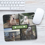 Alfombrilla De Ratón Añadir tu propio Collage de fotos de perro verde<br><div class="desc">Añade tus propias fotos de mascotas. El diseño presenta 4 fotos en una cuadrícula con rectángulo sólido en el medio con la palabra "amor" y corazones de acento en cada lado.</div>