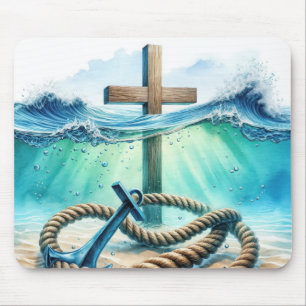 Alfombrilla De Ratón Ancla náutica y cruz en agua oceánica