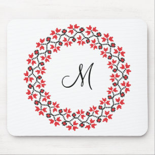 Alfombrilla De Ratón Anillo de flores rojas Monograma personalizado ini