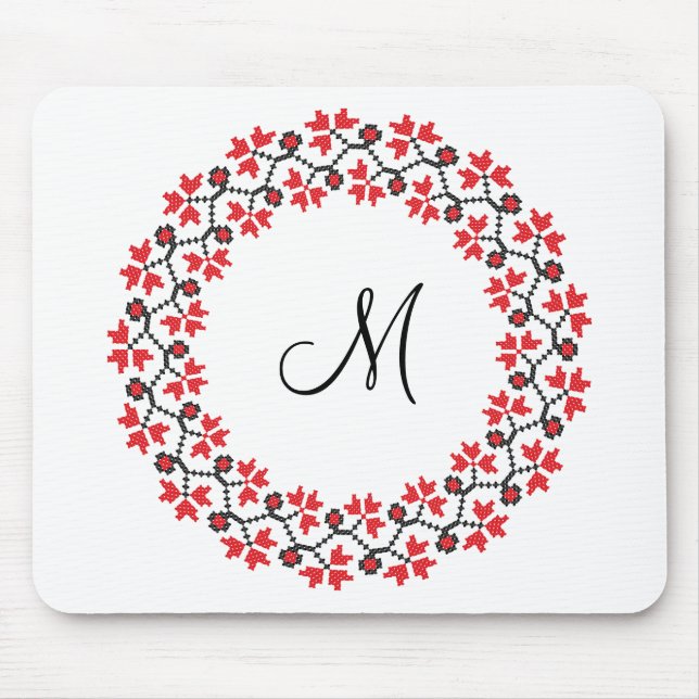 Alfombrilla De Ratón Anillo de flores rojas Monograma personalizado ini (Frente)