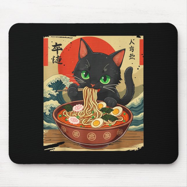 Alfombrilla De Ratón Anime Cat Eating Ramen Japanese Art Graphic Cat Cu (Frente)