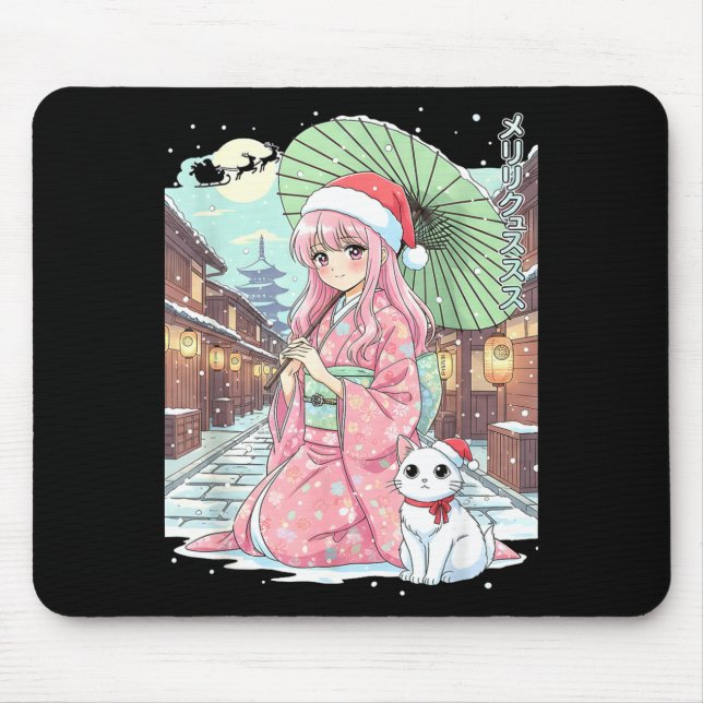 Alfombrilla De Ratón Anime Kimono Girl Christmas Japan Cat Xmas Japan A (Frente)