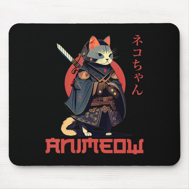 Alfombrilla De Ratón ANIMEOW Divertido Cuto Samurai Kawaii Cat Ninja Co (Frente)