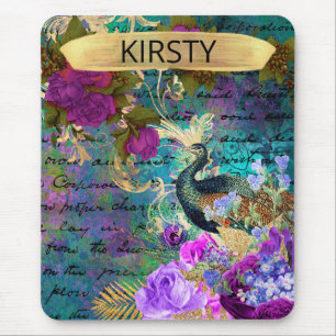 Alfombrilla De Ratón Antiguo Pavón Ilustrado y Flores Grunge