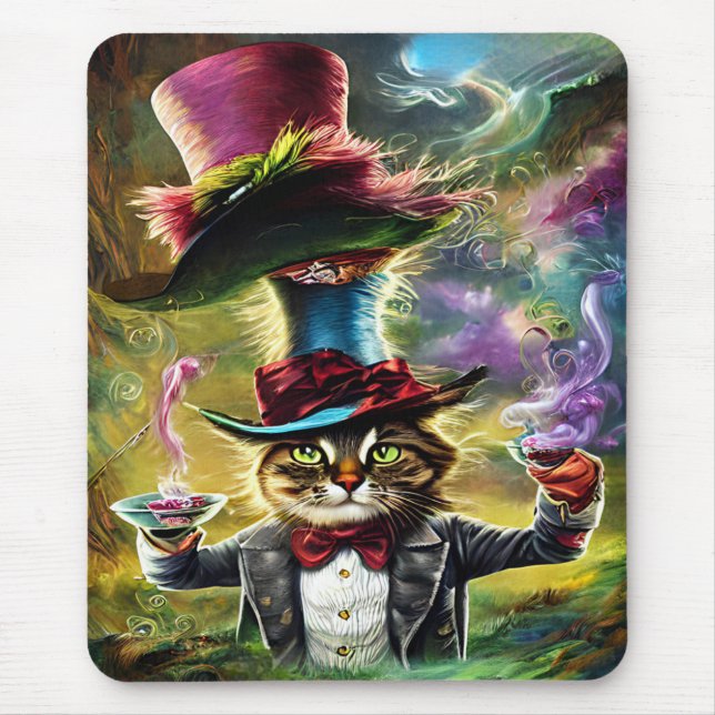 Alfombrilla De Ratón antropomórfico Cat Mad Hatter Fantasy Fairytale (Frente)