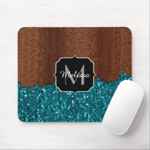 Alfombrilla De Ratón Aqua azul brillante madera marrón rústica Monogram