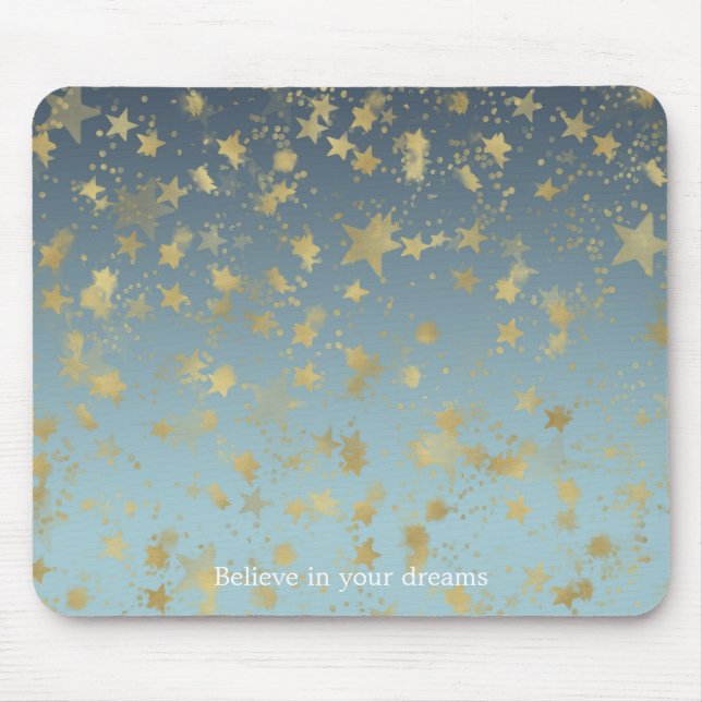 Alfombrilla De Ratón Aqua Blue Gold Ombre Stars cree en tus sueños (Frente)