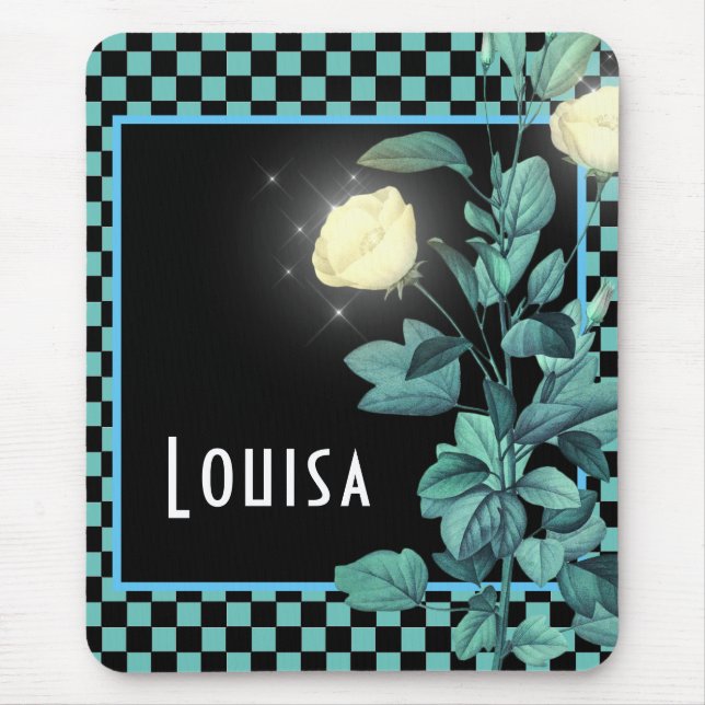 Alfombrilla De Ratón Aqua Checkerboard Floral personalizada (Frente)
