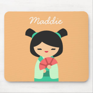 Alfombrilla De Ratón aqua rosa Muñecas japonesas Kokeshi