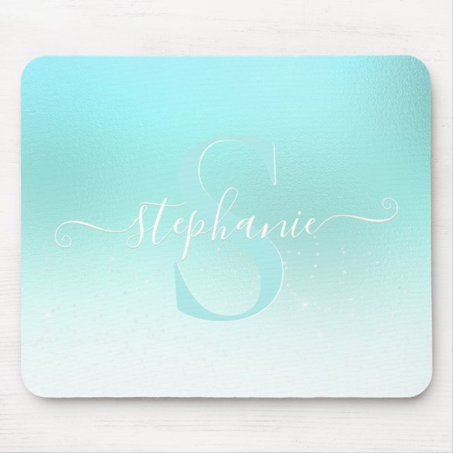 Alfombrilla De Ratón Aqua Teal Shimmer Sparkle Girly Monogram Mouse Pad (Frente)