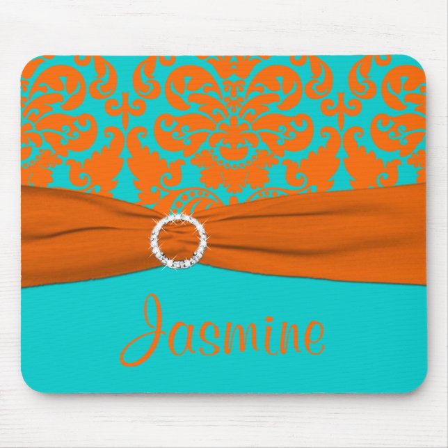 Alfombrilla De Ratón Aqua y el Naranja Damask Mousepad (Frente)