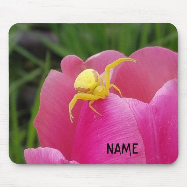 Alfombrilla De Ratón Araña de cangrejo amarillo brillante tulipán rosad (Frente)