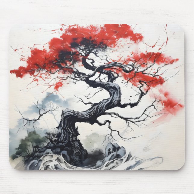 Alfombrilla De Ratón Árbol abstracto rojo negro (Frente)