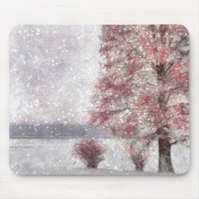 Alfombrilla De Ratón Árbol cerca del lago Pocas hojas rojas y nieve (Frente)