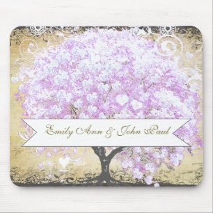 Alfombrilla De Ratón Árbol de lavanda de hoja de corazón boda de pájaro