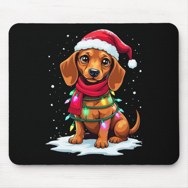 Alfombrilla De Ratón Árbol de Navidad de Dachshund Cute Santa Hat Luces (Frente)