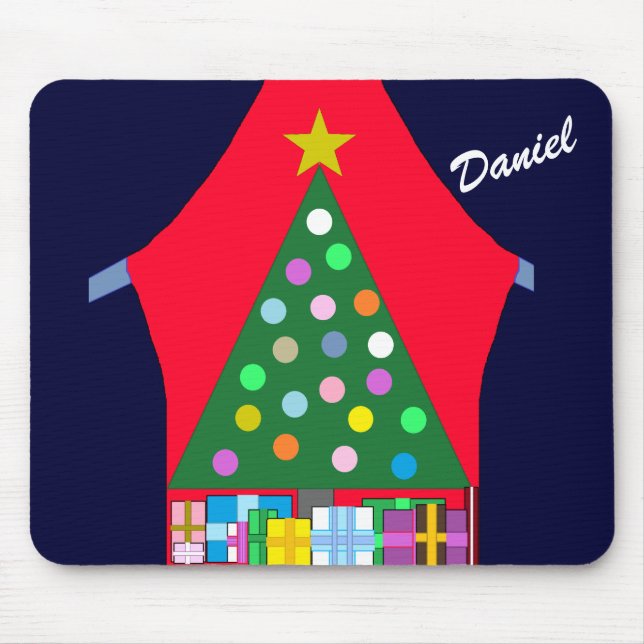 Alfombrilla De Ratón Árbol verde de Navidad y dibujos azules: (Frente)