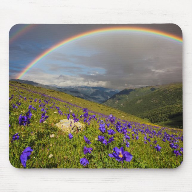 Alfombrilla De Ratón Arco iris sobre un prado floreciente (Frente)