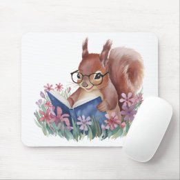 Alfombrilla De Ratón Ardilla Leyendo Un Libro, Enclavada En Flores
