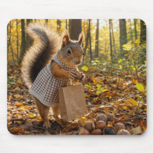 Alfombrilla De Ratón Ardilla niña comprando nueces en el bosque otoñal