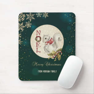 Alfombrilla De Ratón Ardilla vintage de Navidad, copos de nieve