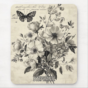 Alfombrilla De Ratón Arreglo floral antiguo - Mariposa monocroma