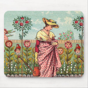 Alfombrilla De Ratón Arte Antiguo Mujer Flor Creciente Jardín