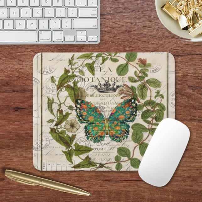 Alfombrilla De Ratón arte botánico escritura de campo francés mariposa  (botanical art french country script leaf butterfly mouse pad)
