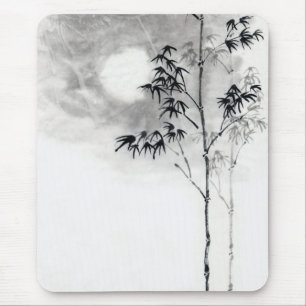 Alfombrilla De Ratón Arte clásico japonés sumi-e pintura bambú luna