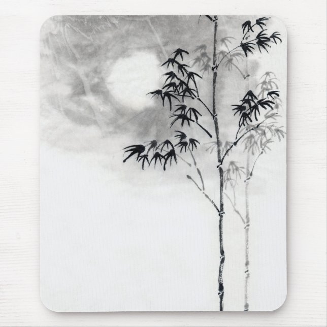 Alfombrilla De Ratón Arte clásico japonés sumi-e pintura bambú luna (Frente)