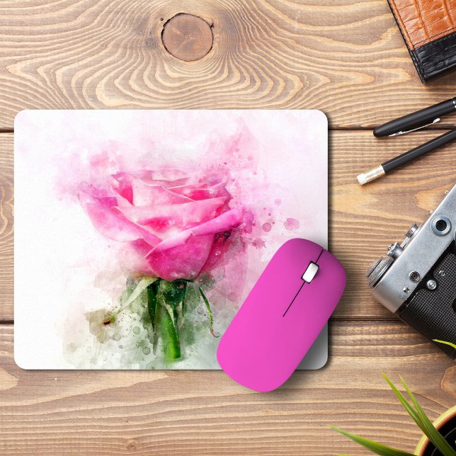 Alfombrilla De Ratón Arte de acuarela de rosa rosa sobre fondo blanco (Pink Rose Watercolor Art on White Background. Mouse Pad)