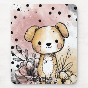 Alfombrilla De Ratón Arte de Acuarela Floral de Cachorro Caprichoso (1)