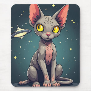 Alfombrilla De Ratón Arte de dibujos animados de gato Sphynx OVNI espac