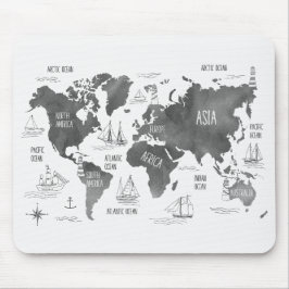 Alfombrilla De Ratón Arte de Mapa Mundial Náutico Blanco Negro