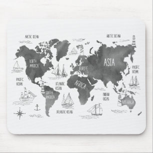 Alfombrilla De Ratón Arte de Mapa Mundial Náutico Blanco Negro