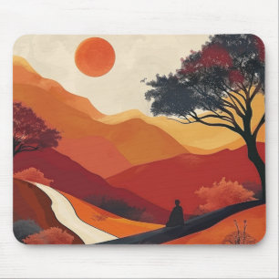 Alfombrilla De Ratón Arte de paisaje montañoso Zen carmesí con puesta d