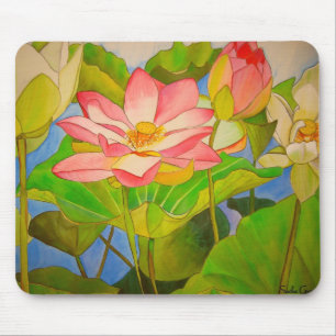 Alfombrilla De Ratón Arte de pintura acuarela de nenúfar rosa de loto