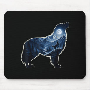 Alfombrilla De Ratón arte de silueta de perro aullando montaña forestal