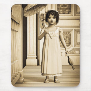 Alfombrilla De Ratón Arte de sombrilla de niña vintage sepia