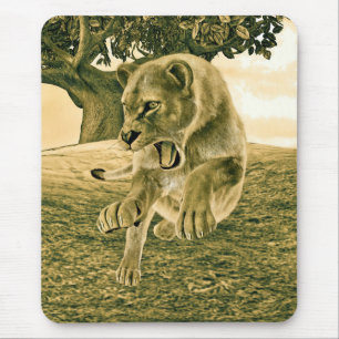 Alfombrilla De Ratón Arte dramático de safari de fauna con leona