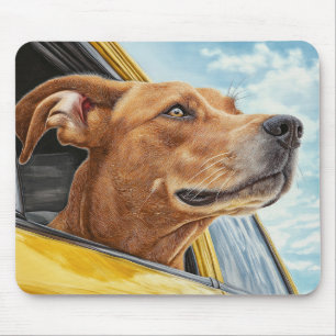 Alfombrilla De Ratón Arte impreso de perro feliz en coche amarillo