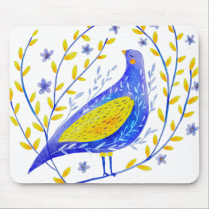 Alfombrilla De Ratón Arte moderno de pájaros azules y amarillos en acua