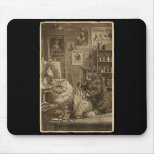 Alfombrilla De Ratón Artista de tatuajes de gato sepia vintage lindo